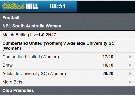 William Hill Mobile live betting section